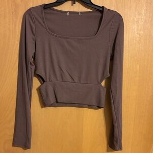 Elegant Long Sleeve Ribbed Crop Top - Brown